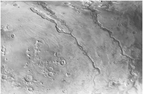 An image taken by the Mars Global Surveyor showing valley systems east of the Hellas plains. (© AFP/Corbis. Reproduced by permission.)