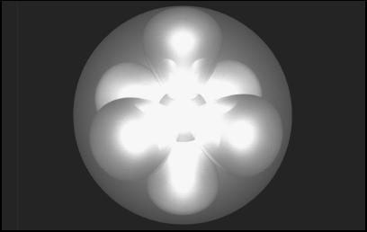 A COMPUTER-GENERATED MODEL OF A NEON ATOM. THE NUCLEUS, AT CENTER, IS TOO SMALL TO BE SEEN AT THIS SCALE AND IS REPRESENTED BY THE FLASH OF LIGHT. SURROUNDING THE NUCLEUS ARE THE ATOM'S ELECTRON ORBITALS: 1S (SMALL SPHERE), 2 S (LARGE SPHERE), AND 2 P (LOBED). (Photograph by Kenneth Eward/BioGrafx. National Audubon Society Collection/Photo Researchers, Inc. Reproduced by permission.)