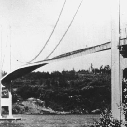 THE POWER OF RESONANCE CAN DESTROY A BRIDGE. ON NOVEMBER 7, 1940, THE ACCLAIMED TACOMA NARROWS BRIDGE COLLAPSED DUE TO OVERWHELMING RESONANCE. (UPI/Corbis-Bettmann. Reproduced by permission.)