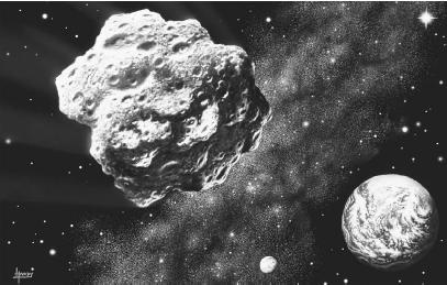 A STEROID APPROACHING EARTH. ACCORDING TO ONE THEORY, THE MASS EXTINCTION OF THE DINOSAURS RESULTED FROM THE IMPACT OF AN ASTEROID HITTING EARTH, HURTLING VAST QUANTITIES OF DEBRIS INTO THE ATMOSPHERE, BLOCKING OUT THE SUNLIGHT, AND GREATLY LOWERING EARTH'S SURFACE TEMPERATURE. (© D. Hardy. Photo Researchers. Reproduced by permission.)