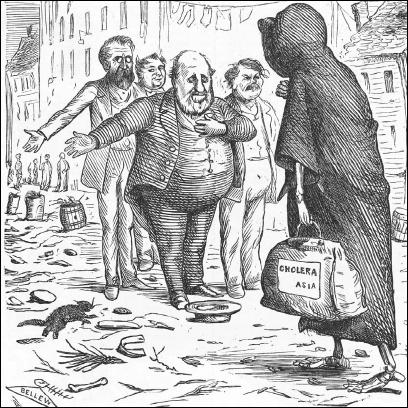 A POLITICAL CARTOON FROM ABOUT 1870 ILLUSTRATES THE UNSANITARY CONDITIONS IN NEW YORK CITY, WITH THE POLITICIAN AND PUBLIC WORKS COMMISSIONER BOSS TWEED WELCOMING A CHOLERA EPIDEMIC. (© Bettmann/Corbis. Reproduced by permission.)