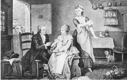 THE MODERN SCIENCE OF IMMUNOLOGY HAD ITS BEGINNINGS IN 1798, WHEN THE ENGLISH PHYSICIAN EDWARD JENNER PUBLISHED A PAPER IN WHICH HE MAINTAINED THAT PEOPLE COULD BE PROTECTED FROM THE DEADLY DISEASE SMALLPOX BY THE PRICK OF A NEEDLE DIPPED IN THE PUS FROM A COWPOX BOIL. (&#xA9; Bettmann/Corbis. Reproduced by permission.)
