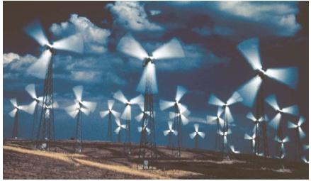 The wind power captured by these turbines at Tehachapi Pass, California, is a source of energy that does not harm the environment. (Reproduced by permission of the U.S. Department of Energy.)