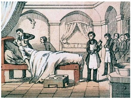 A nineteenth-century physician administering chloroform prior to surgery. Ether was one of the earliest anesthetics to be used but it was difficult to administer as it usually made the patient choke. (Reproduced by permission of Photo Researchers, Inc.)