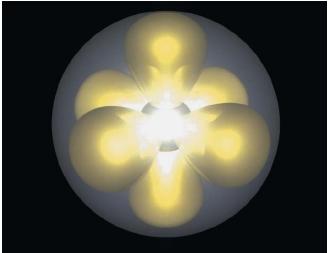 A computer-generated model of a neon atom. The nucleus, at center, is too small to be seen at this scale and is represented by the flash of light. Surrounding the nucleus are the atom's electrons. (Reproduced by permission of Photo Researchers, Inc.)