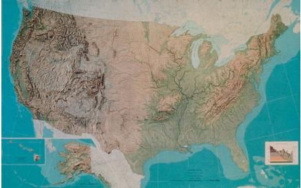 A relief map of the United States.