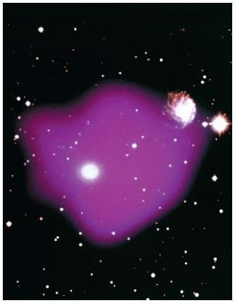 A composite image of a cluster of galaxies and the gas cloud in which they are embedded. The cloud is considered to be evidence for the existence of dark matter because the gravitational pull of the cluster alone is not strong enough to hold it together. Some astronomers have suggested that it is dark matter that is preventing the cloud from dispersing into space. (Reproduced by permission of National Aeronautics and Space Administration.)