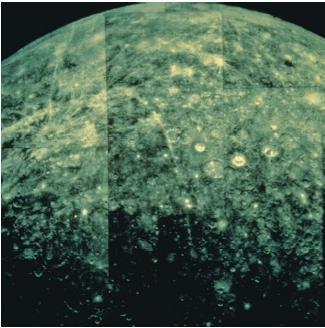 The heavily cratered face of Mercury as seen by Mariner 10. Mercury shows evidence of being bombarded by meteorites throughout its history. Its largest crater is the size of the state of Texas. (Reproduced by permission of National Aeronautics and Space Administration.)