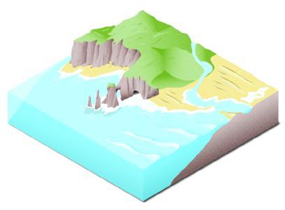 Coastal features and landforms of both emergent and submergent coasts.
