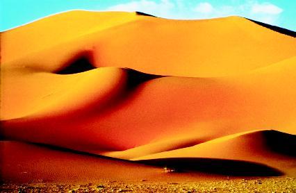 Beni Abbes Dunes in the Sahara Desert, Africa. The Sahara Desert is the world's largest desert, covering about 3.5 million square miles—an area almost as large as the United States. PHOTOGRAPH REPRODUCED BY PERMISSION OF PHOTO RESEARCHERS, INC.