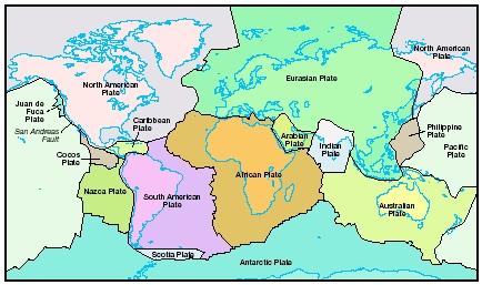 Earth's surface is broken into seven large and many small tectonic plates. These plates, each about 50 miles thick, move relative to one another an average of a few inches a year.