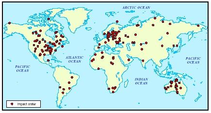 Map highlighting the known meteorite craters around the world.