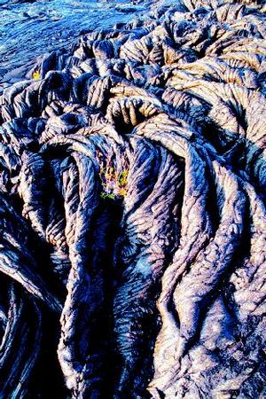 The twisted, ropelike texture of pahoehoe. Pahoehoe is formed when a hard skin develops on the surface of lava, while hot lava continues to flow underneath. PHOTOGRAPH REPRODUCED BY PERMISSION OF THE CORBIS CORPORATION.