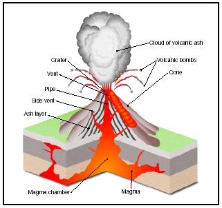 Cross-section of an active volcano.