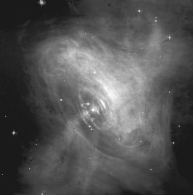 The bright object at the center of the Crab Nebula is the pulsar discovered in 1968. Such objects are actually neutron stars.