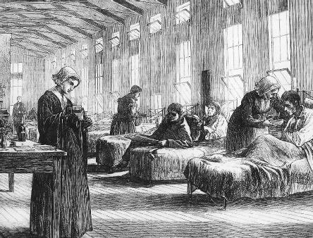 English nurses tend to smallpox patients in this nineteenth-century illustration. Although a vaccine exists today, deadly outbreaks of smallpox have been common throughout history.
