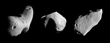 Placing three well-known asteroids (Eros, Mathilde, and Gaspra) side by side provides a dramatic illustration of their irregular shapes.