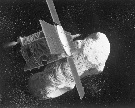 An artists conception of NEAR-Shoemaker making its historic rendezvous with Eros. About a year later, the craft landed on the asteroid.