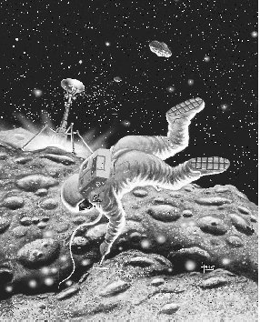 In this illustration of an asteroid mining operation, an astronaut is tethered to the surface. He uses a jet pack to maneuver.