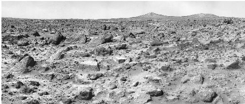 A photograph of Mars reveals a rocky surface that seems devoid of life.