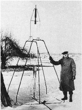 Robert Goddard (pictured) began designing primitive rockets like this one during the 1920s.