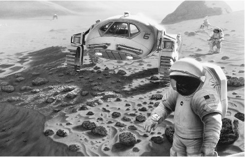 An artists rendering shows some of the equipment that would be necessary for a manned mission to Mars.