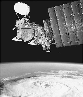 The Aqua satellite gathers data about a hurricane visible on Earths surface. Aquas data helps scientists understand global climatic changes.