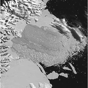 This satellite photo shows the pieces of the Larsen B ice shelf that broke off in 2002. Polar warming caused the ice to thin and break off.