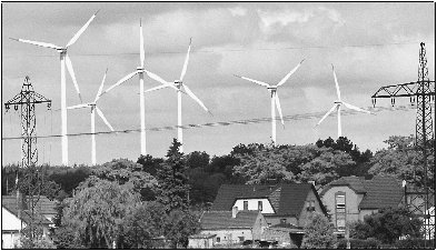 Windmills like these are used to produce electricity. Wind power is clean and renewable.