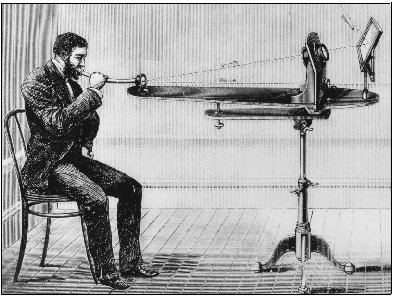 A man demonstrates Alexander Graham Bells photophone, a crude but ingenious attempt to make light transmit a human voice.