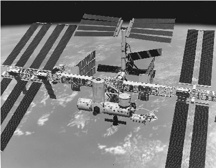 An artists conception of the completed International Space Station shows its huge, spidery form. Five international space agencies are collaborating on the project.