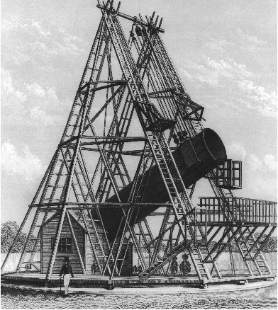 English astronomer William Herschel built this huge reflecting telescope in the late 1700s. A wooden structure was needed to help support and adjust the telescope.