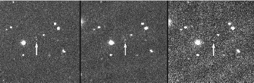 Three separate images provided by the Hale telescope show the movement of Sedna, the most distant object yet discovered in our solar system.